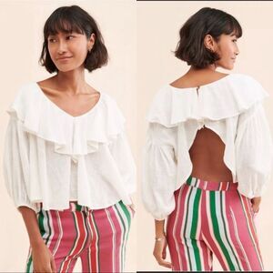 FREE PEOPLE Zuri Ruffle Blouse, Cut Out Back, Summer Boho, Ivory, Small 4/6, NWT